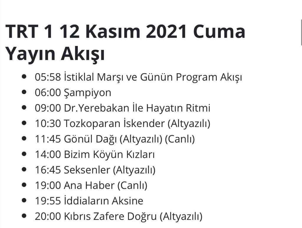 bugun televizyon yayin akisi 12 kasim cuma 2021 atv kanal d show tv star tv fox tv tv8 trt1 medya baskent